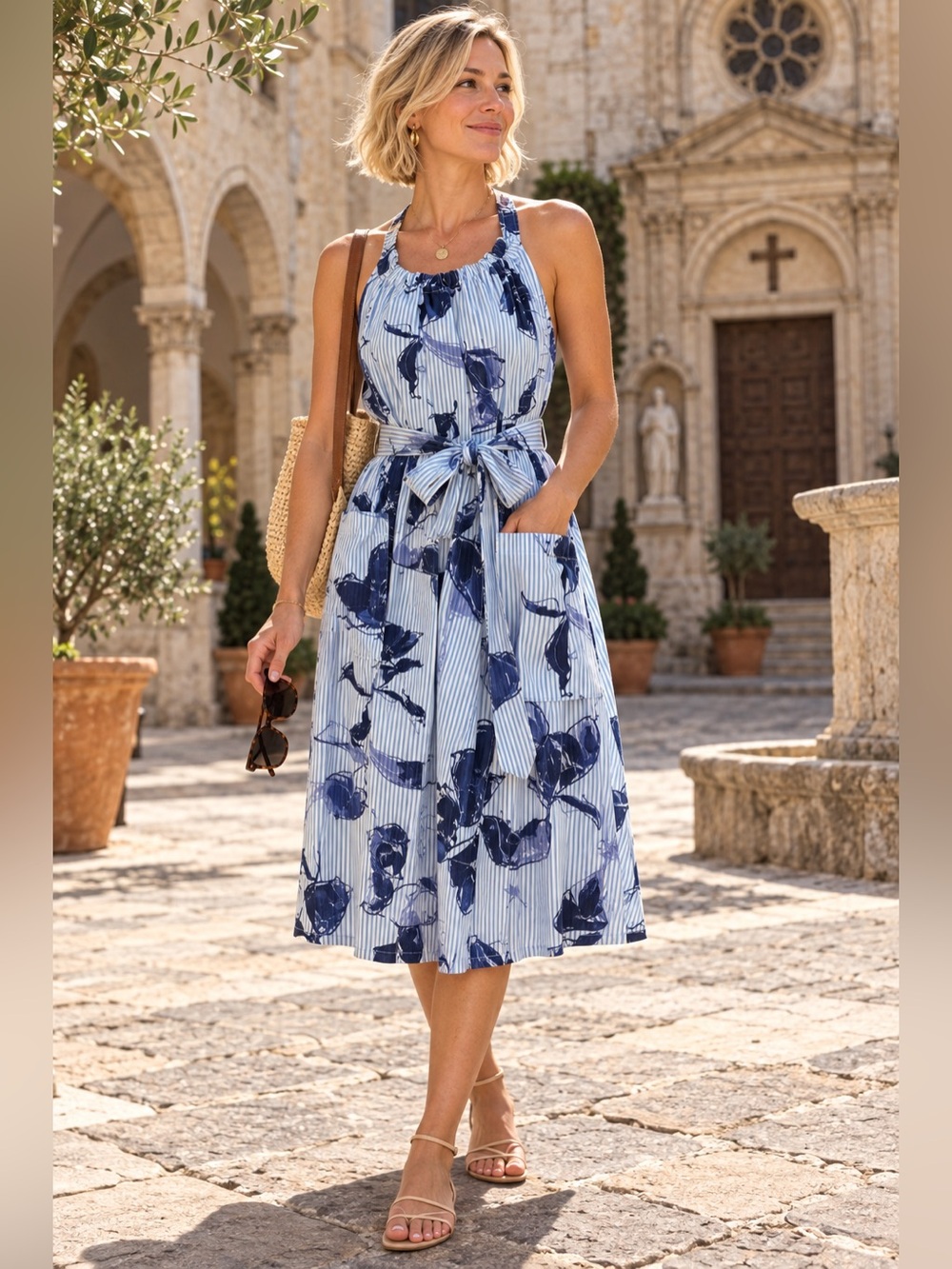 Blue Striped Floral Halter Neck Dress with Waist Tie